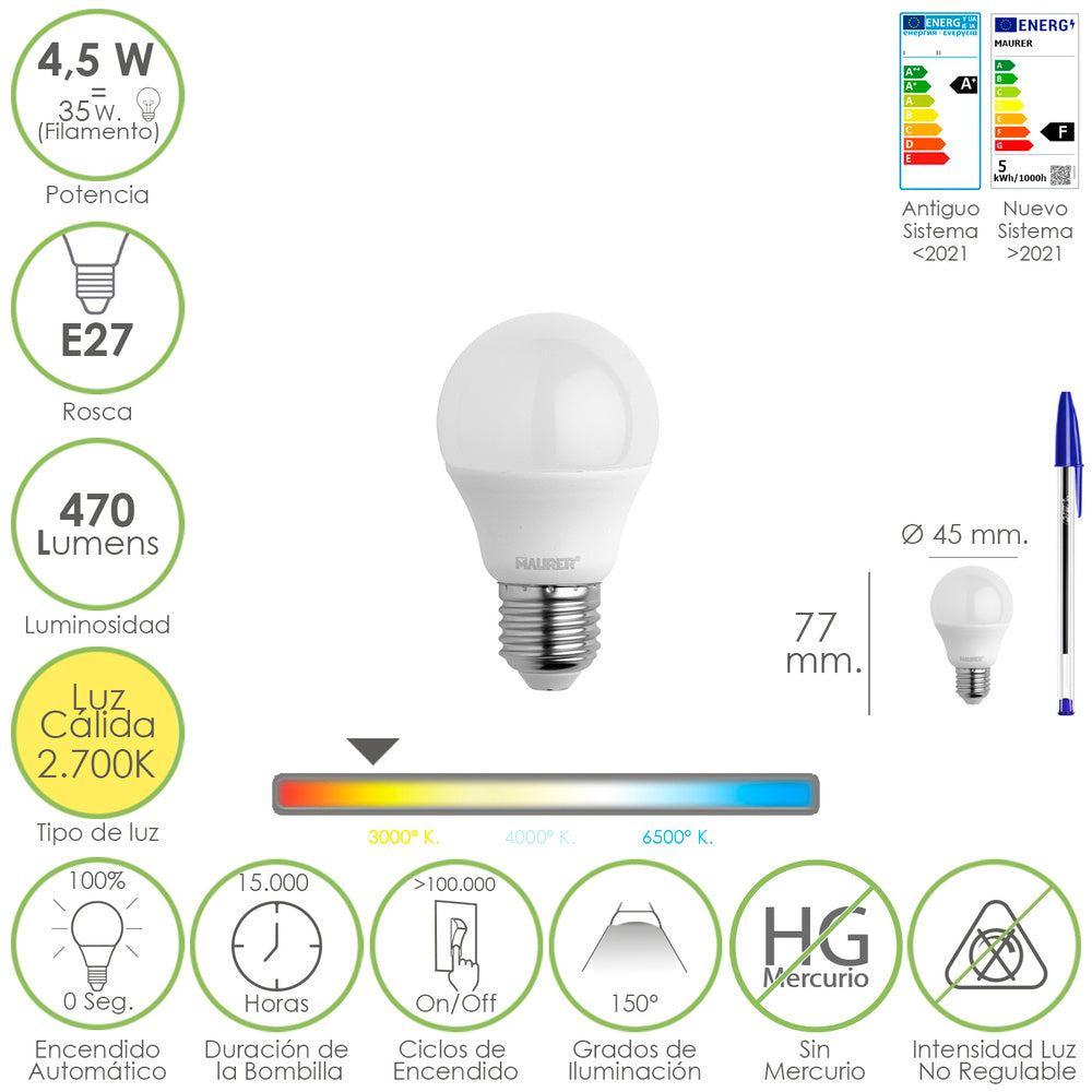 Bombilla led esferica rosca e27 4.5 watt. Equivale a 55 watt. 470 lumenes. Luz cálida (2700º k.)