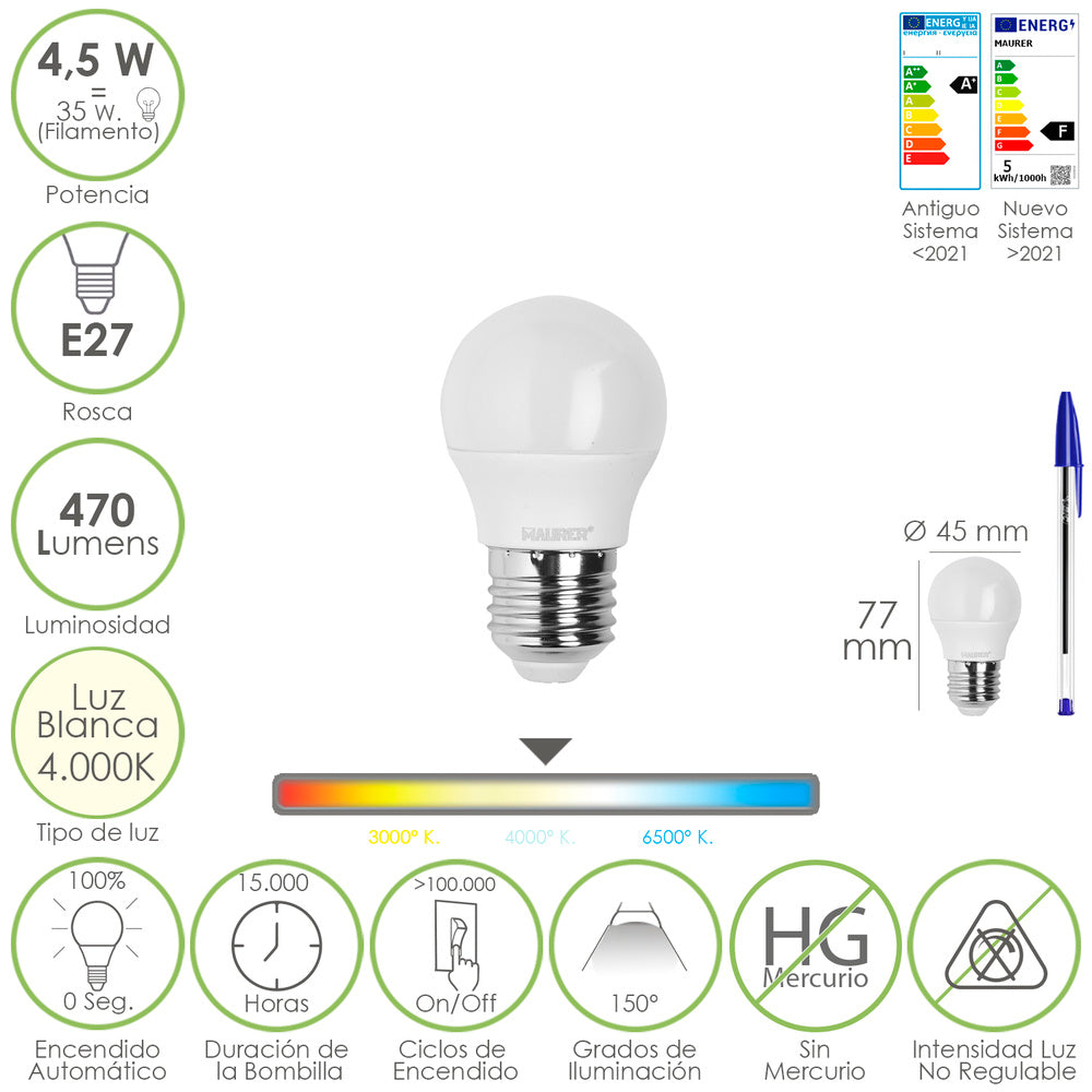 Bombilla led esférica rosca e27 4.5 watt. Equivale a 55 watt. 470 lúmenes. Luz neutra (4000º k)