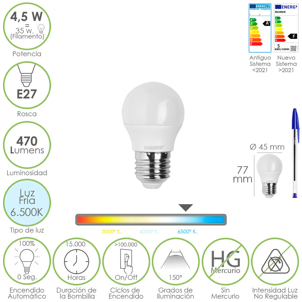 Bombilla led esférica rosca e27 4.5 watt. Equivale a 55 watt. 470 lúmenes. Luz fría (6500º k)