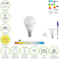 Lâmpada LED esférica, casquilho E14. 6.5 watt. Equivalente a 50 watt. 806 lúmenes. Luz quente 2700º k.