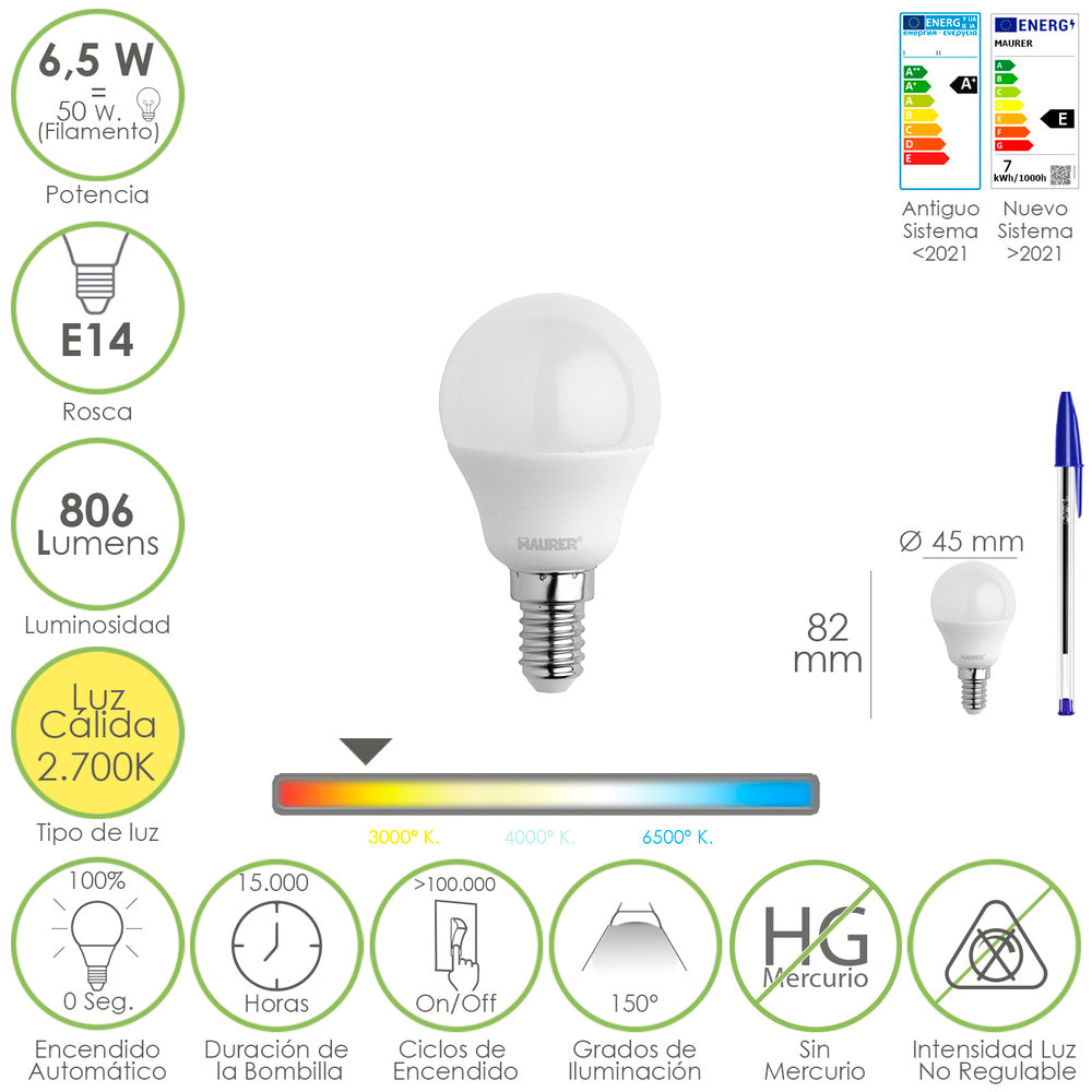Bombilla led esfera rosca e14. 6.5 watt. Equivale a 50 watt. 806 lúmenes. Luz cálida 2700º k.