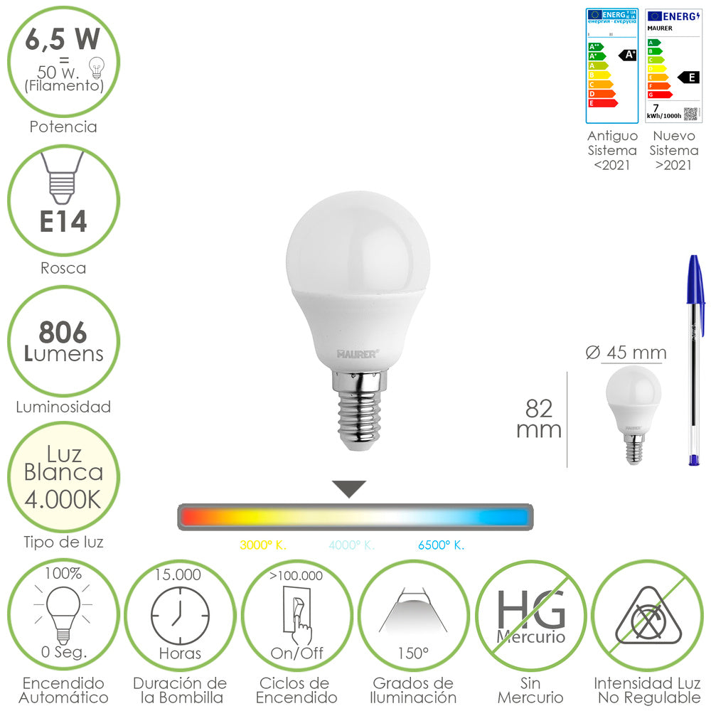 Bombilla led esfera rosca e14. 6.5 watt. Equivale a 50 watt. 806 lúmenes. Luz neutra 4000º k.