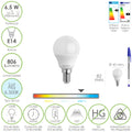 Lâmpada LED esférica rosca E14. 6,5 watt. Equivalente a 55 watt. 806 lúmens. Luz fria 6500º k.