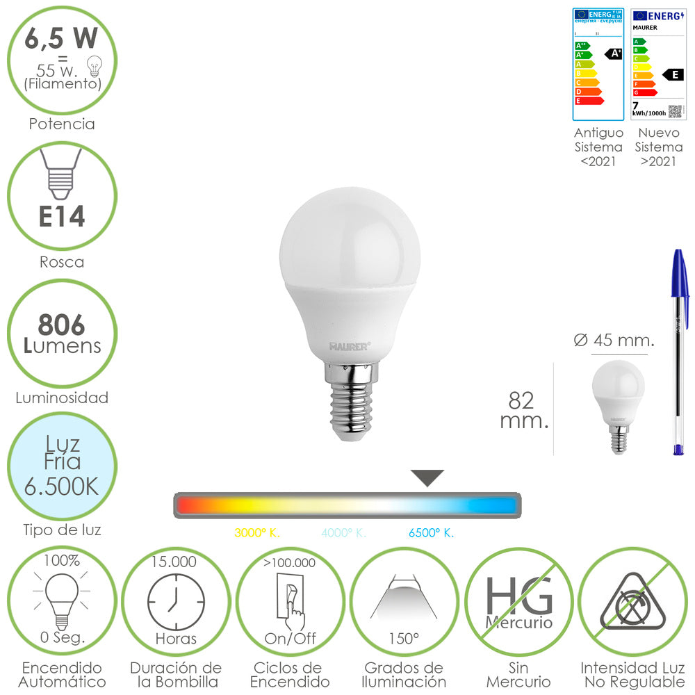 Bombilla led esfera rosca e14. 6.5 watt. Equivale a 55 watt. 806 lumenes. Luz fría 6500º k.