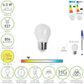 Lâmpada LED esférica, casquilho E27. 6.5 watt. Equivalente a 50 watt. 806 lúmenes. Luz quente 3000º k.