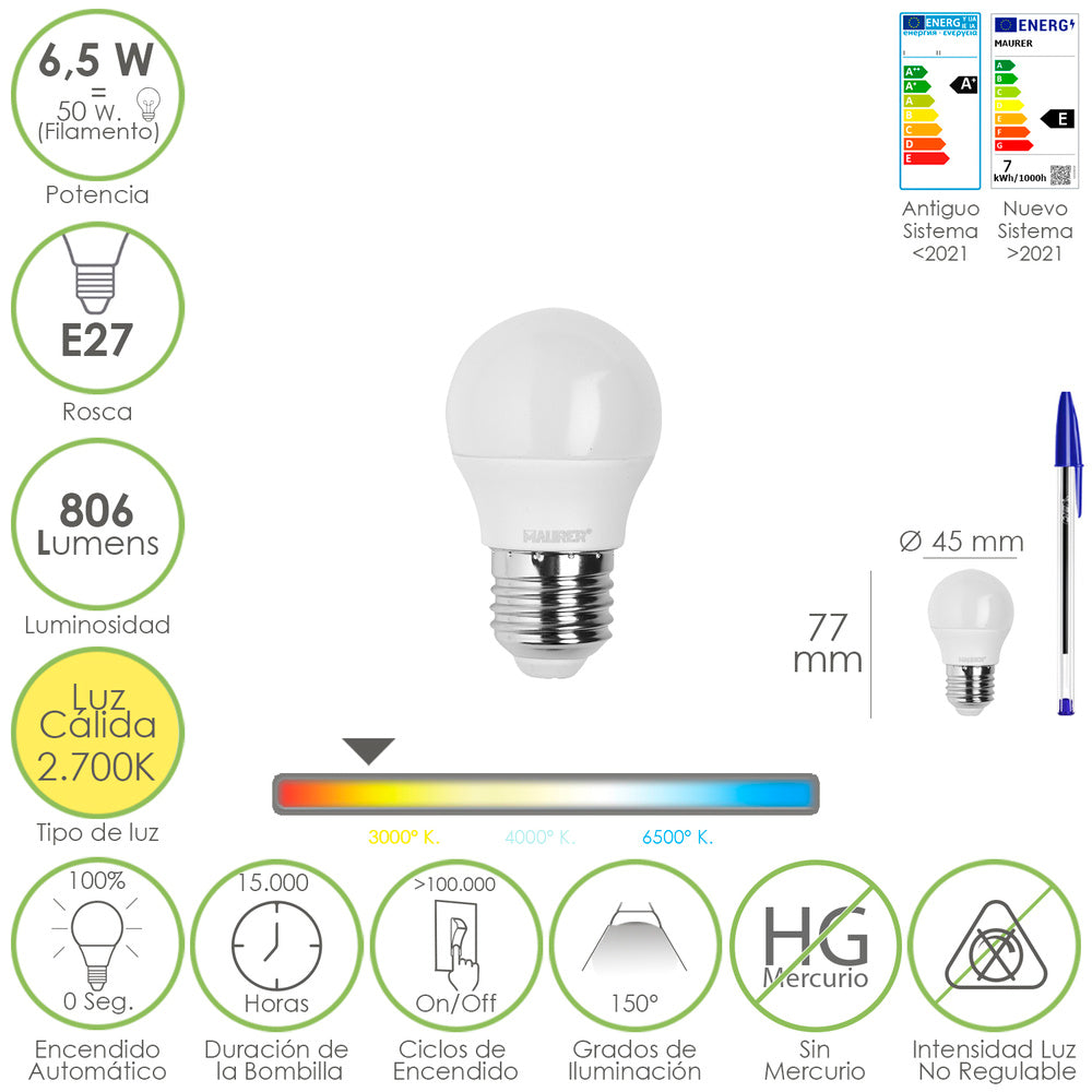 Bombilla led esfera rosca e27. 6.5 watt. Equivale a 50 watt. 806 lúmenes. Luz cálida 3000º k.