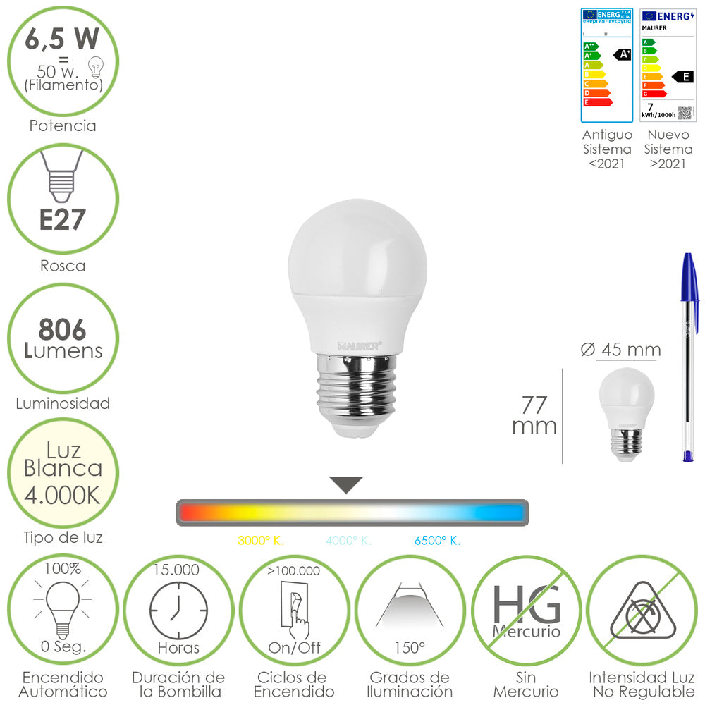 Bombilla led esfera rosca e27. 6.5 watt. Equivale a 50 watt. 806 lúmenes. Luz neutra 4000º k.
