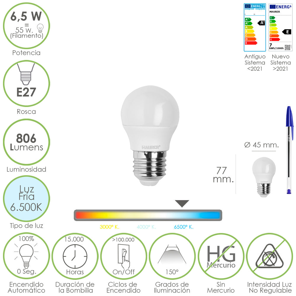 Bombilla led esfera rosca e27. 6.5 watt. Equivale a 55 watt. 806 lumenes. Luz fría 6500º k.