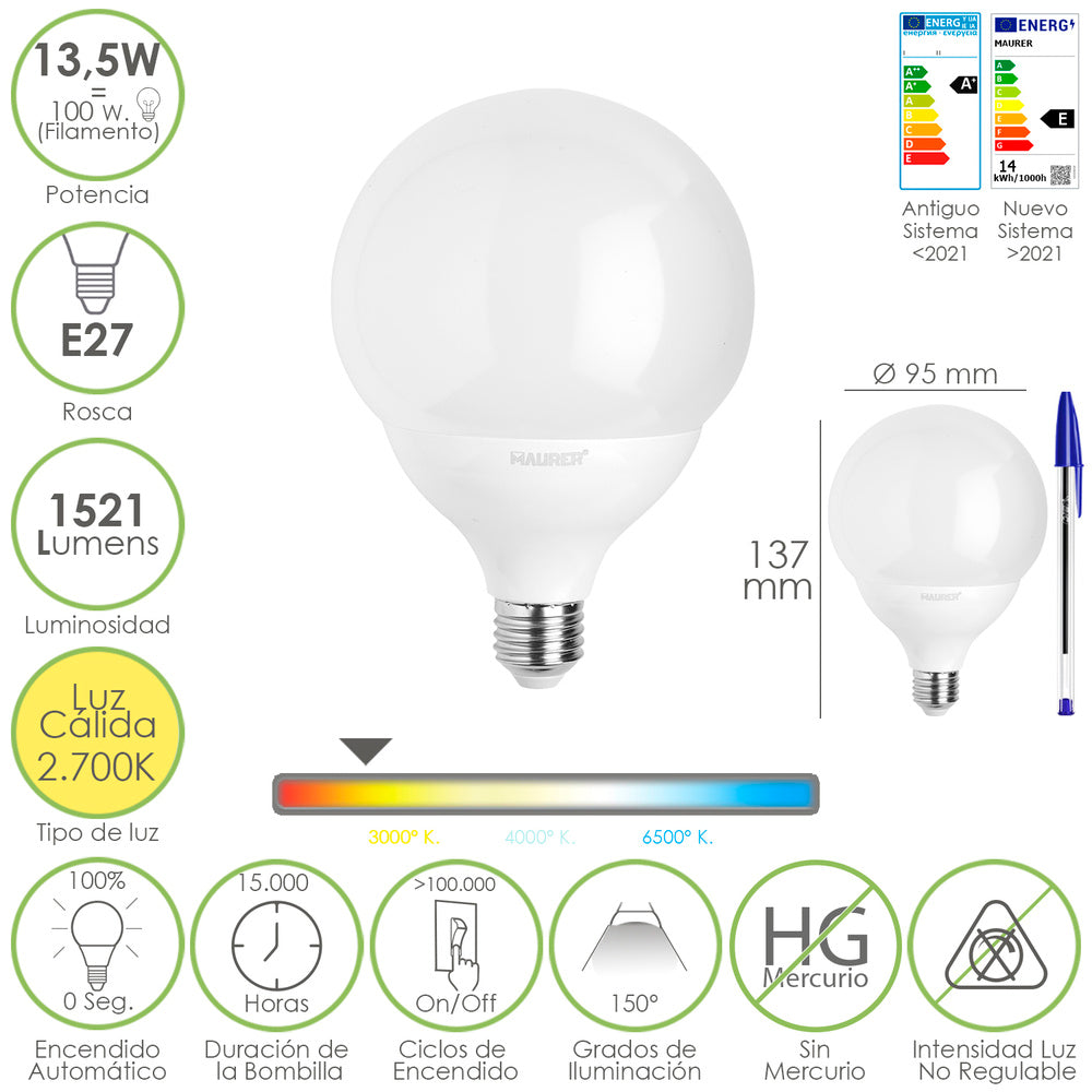Bombilla led esfera globo e27. 13,5 watt. Equivale a 100 watt. 1521 lúmenes. Luz cálida 3000º k.