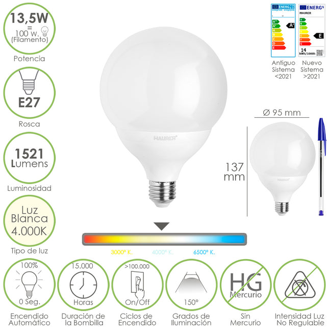 Bombilla Led Esfera Globo E27. 13,5 Watt. Equivale A 100 Watt. 1521 Lumenes. Luz Neutra 4000º K.