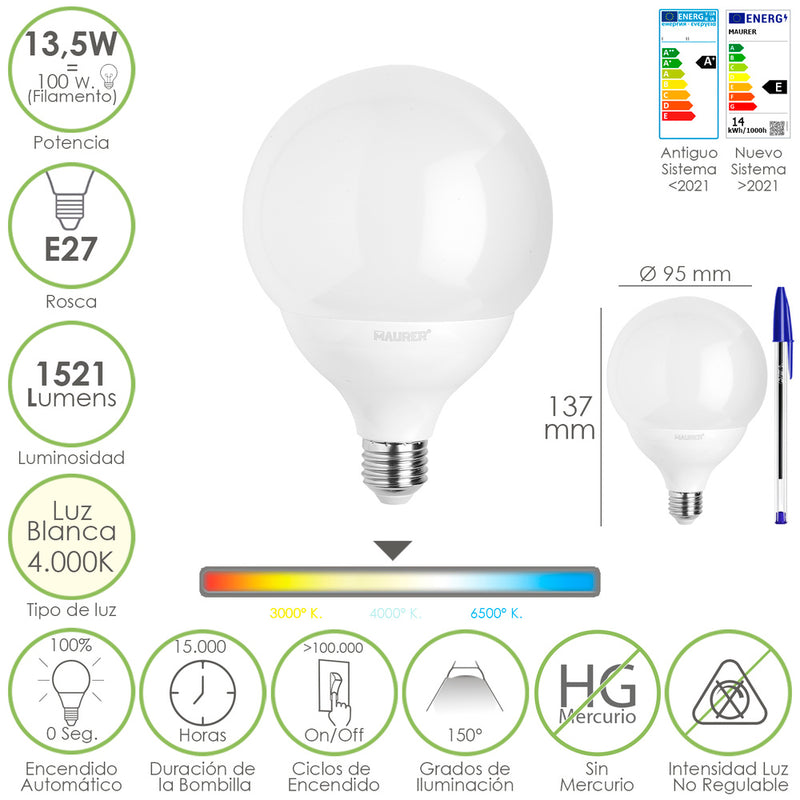 Bombilla Led Esfera Globo E27. 13,5 Watt. Equivale A 100 Watt. 1521 Lumenes. Luz Neutra 4000º K.