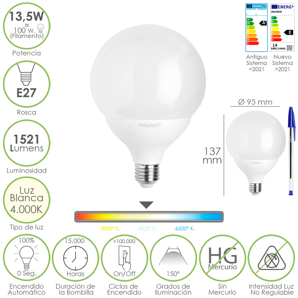 E27 LED globe bulb. 13.5 watt. equivalent to 100 watt. 1521 lumens. neutral light 4000K