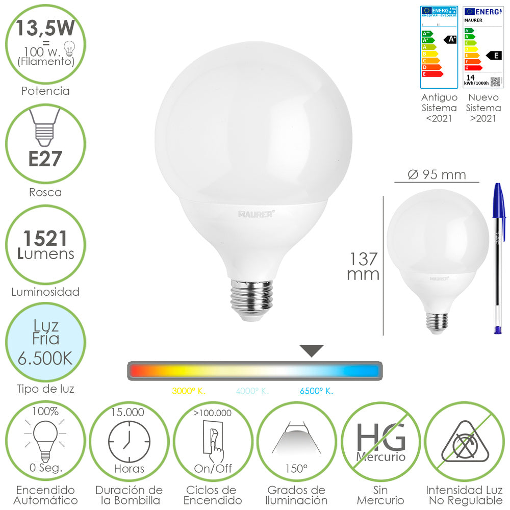 Bombilla led esfera globo e27. 13,5 watt. Equivale a 100 watt. 1521 lúmenes. Luz fría 6500º k.
