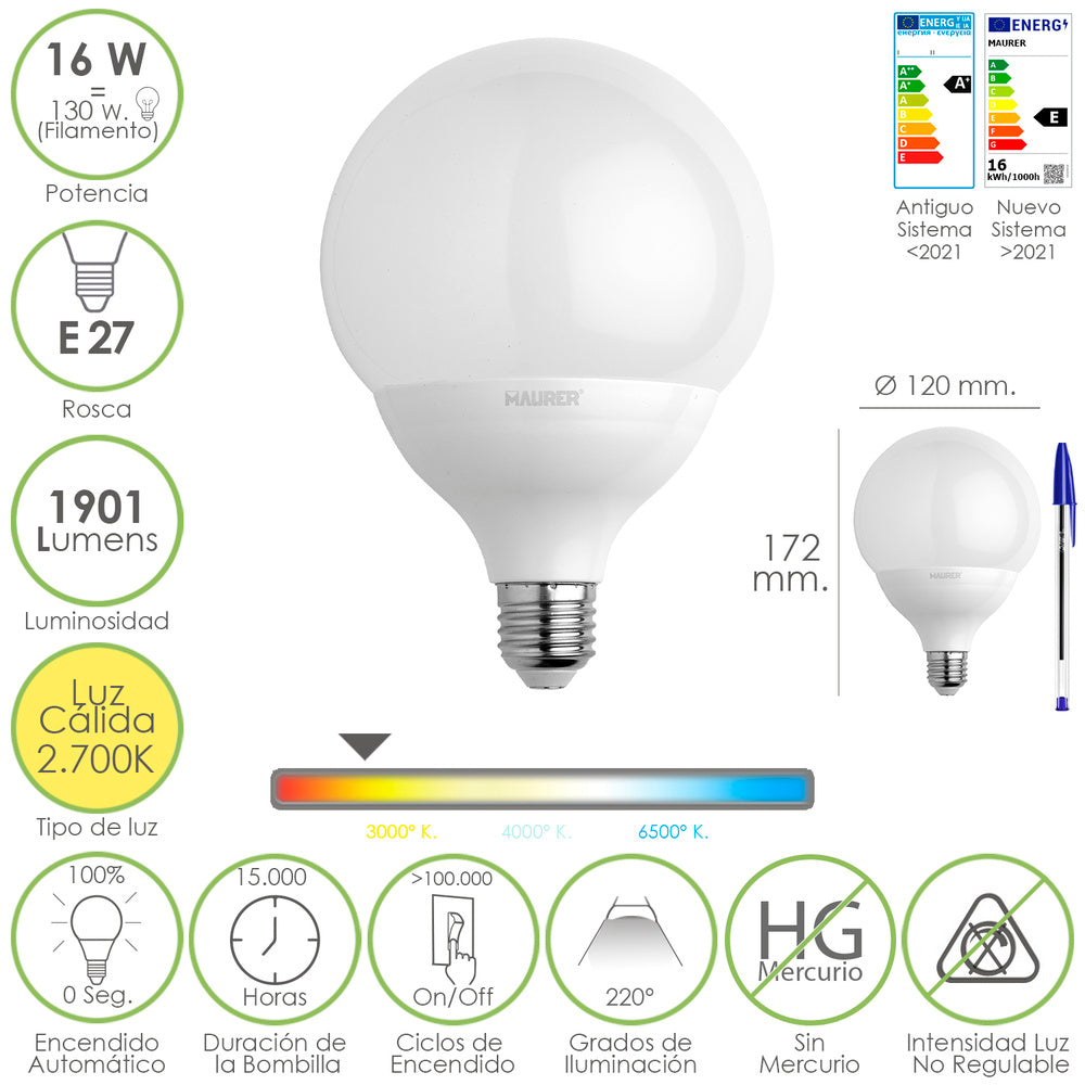 Bombilla led globo rosca e27. 16 watt. Equivale a 130 watt. 1901 lumenes. Luz cálida (2700º k.)