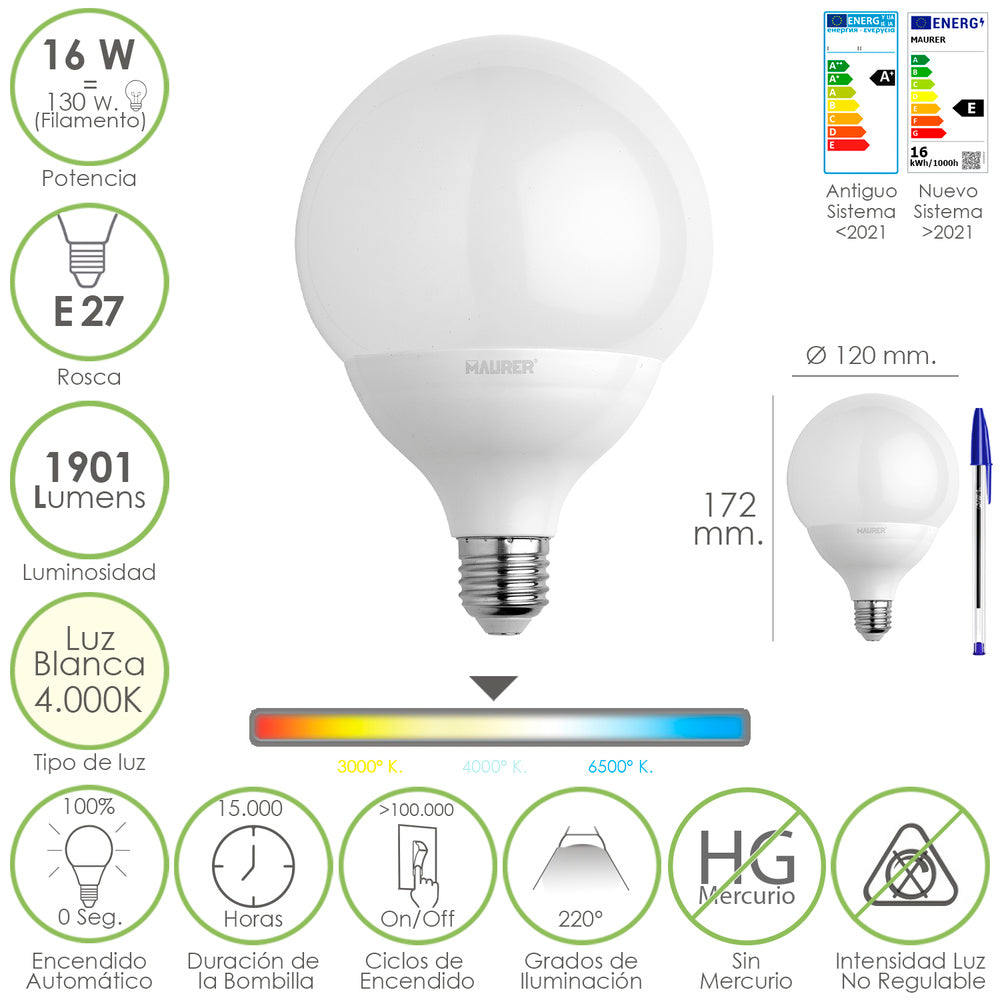 Bombilla led globo rosca e27. 16 watt. Equivale a 130 watt. 1901 lumenes. Luz blanca (4000º k.)