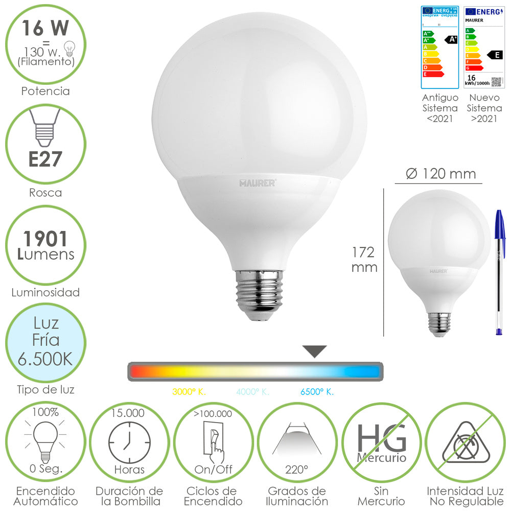 Lâmpada LED globo casquilho E27. 16 watt. Equivalente a 130 watt. 1901 lúmenes. Luz fria 6500º k.
