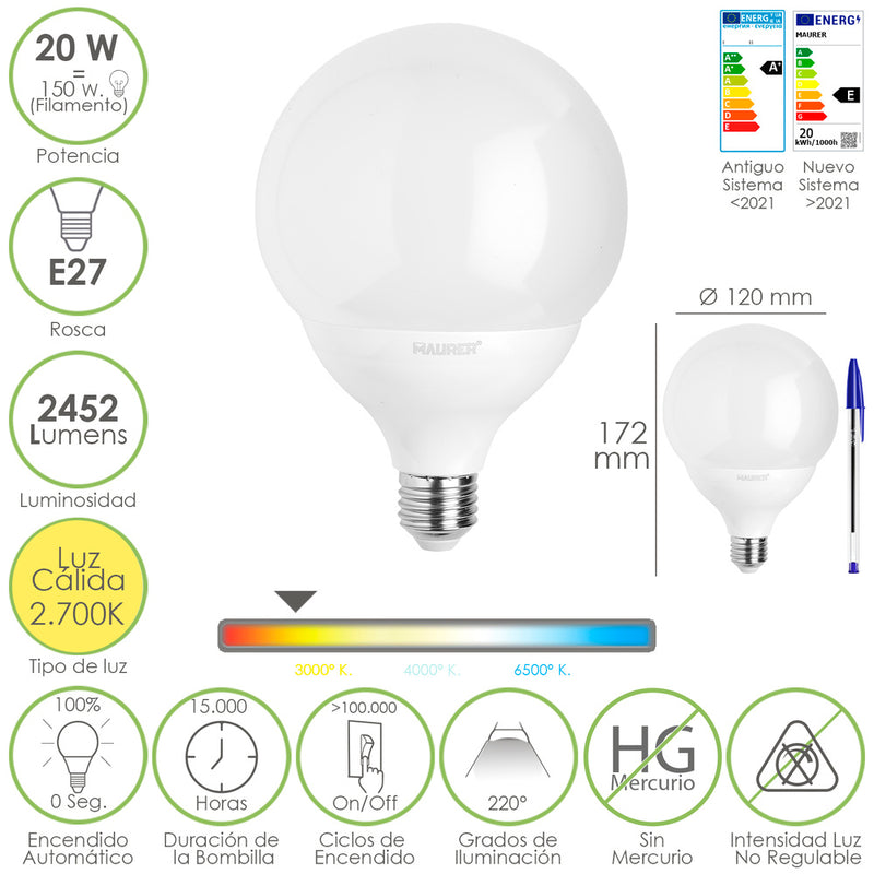 Bombilla Led Globo E27. 20 Watt. Equivale A 150 Watt. 2452 Lumenes. Luz Calida 2700º K.
