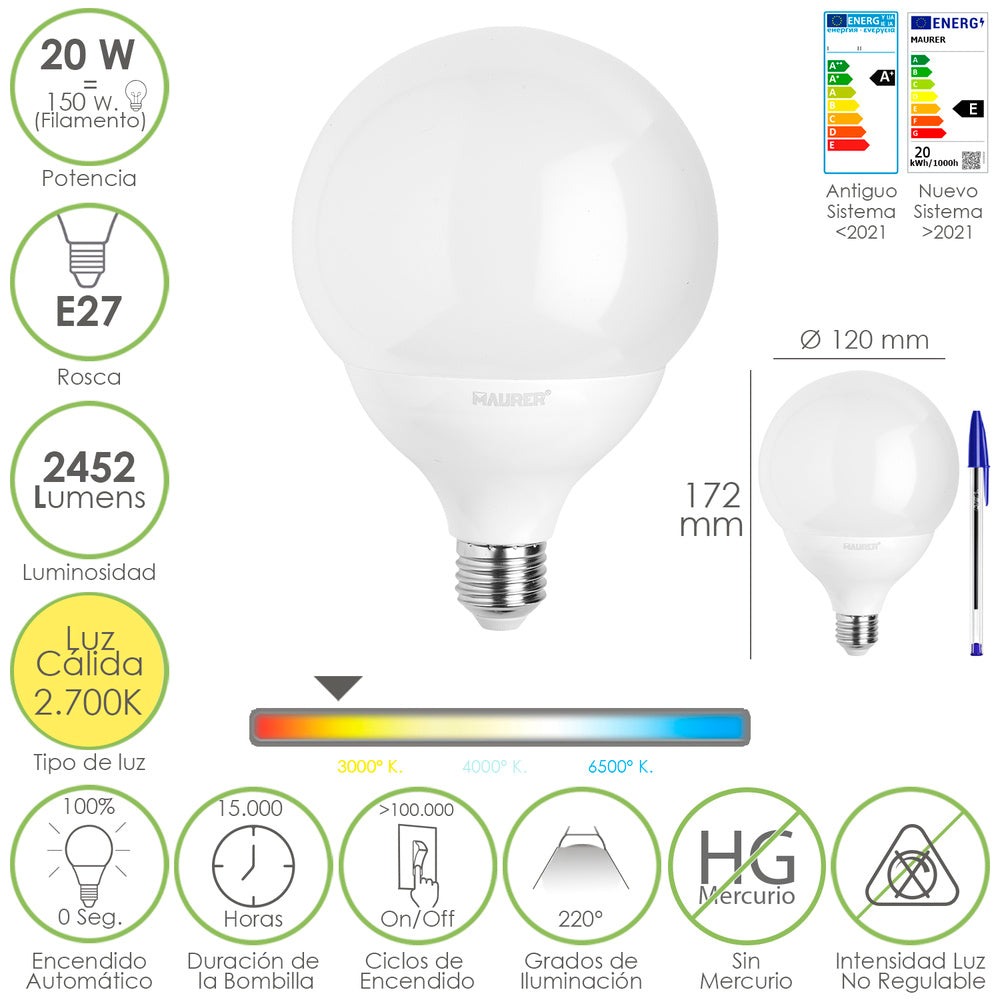 Bombilla led globo e27. 20 watt. Equivale a 150 watt. 2452 lúmenes. Luz cálida 2700º k.