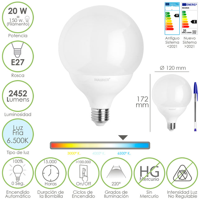 Bombilla Led Globo E27. 20 Watt. Equivale A 150 Watt. 2452 Lumenes. Luz Fria 6500º K.