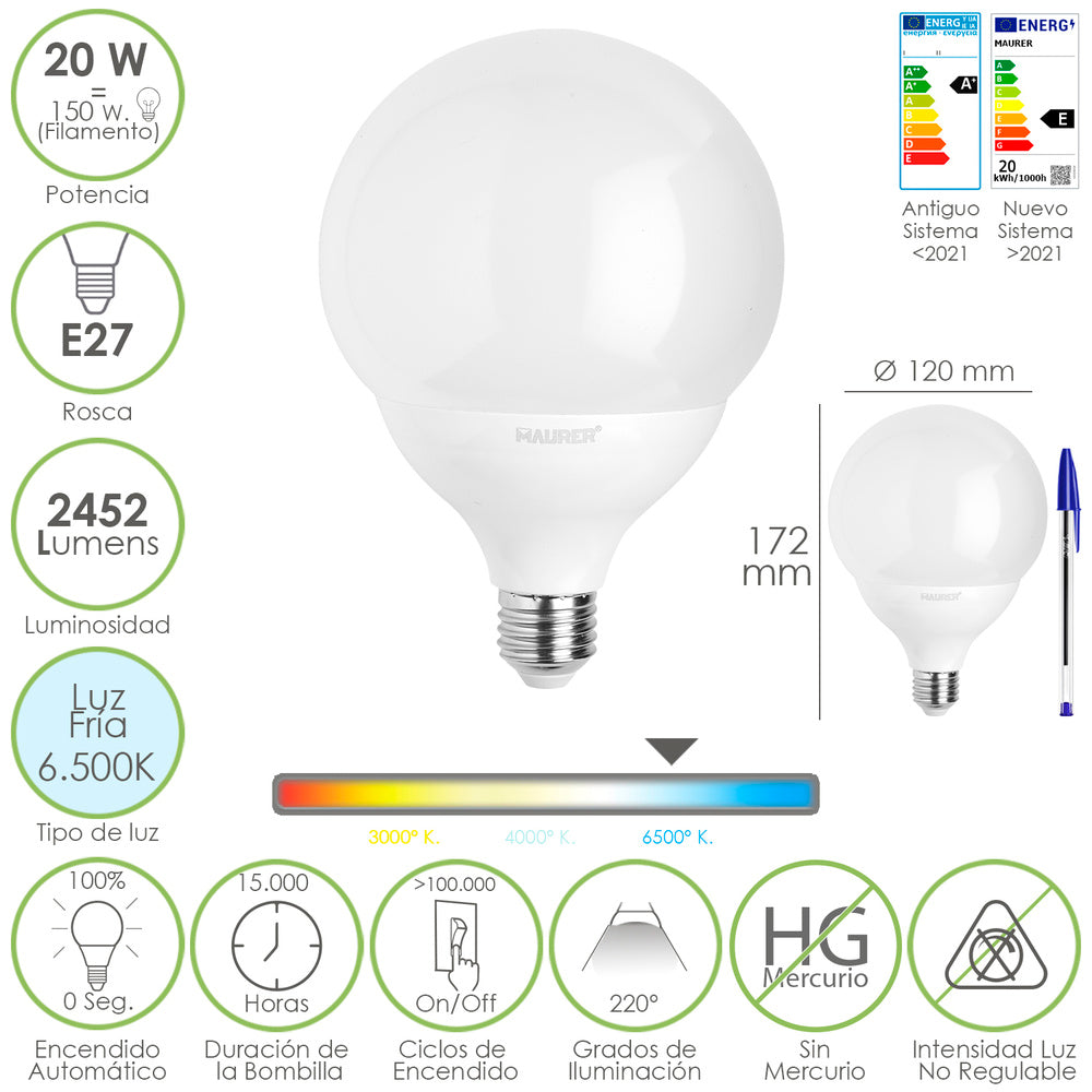 Bombilla led globo e27. 20 watt. Equivale a 150 watt. 2452 lúmenes. Luz fría 6500º k.