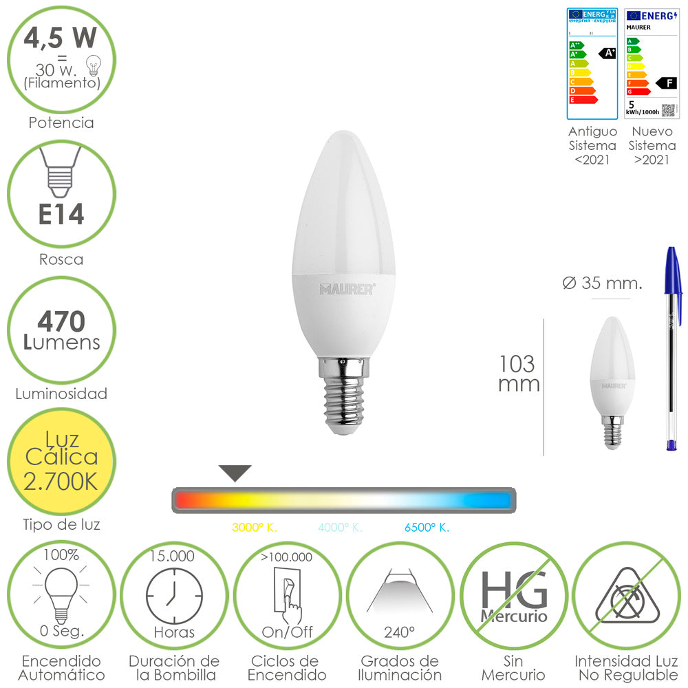 Bombilla led vela rosca e14. 4,5 watt. Equivale a 35 watt. 470 lumenes. Luz cálida (2700º k)
