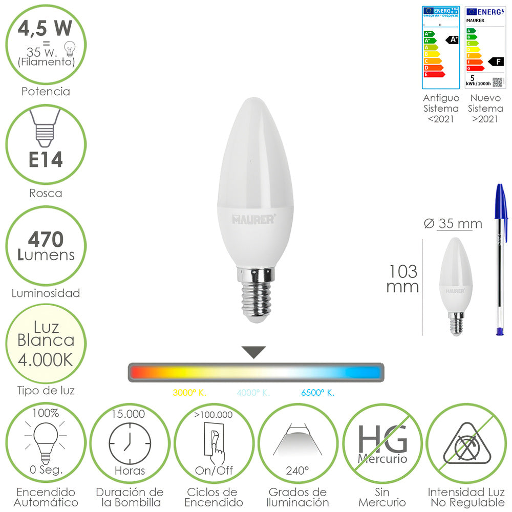Bombilla led vela rosca e14. 4,5 watt. Equivale a 35 watt. 470 lúmenes. Luz neutra (4000º k.)