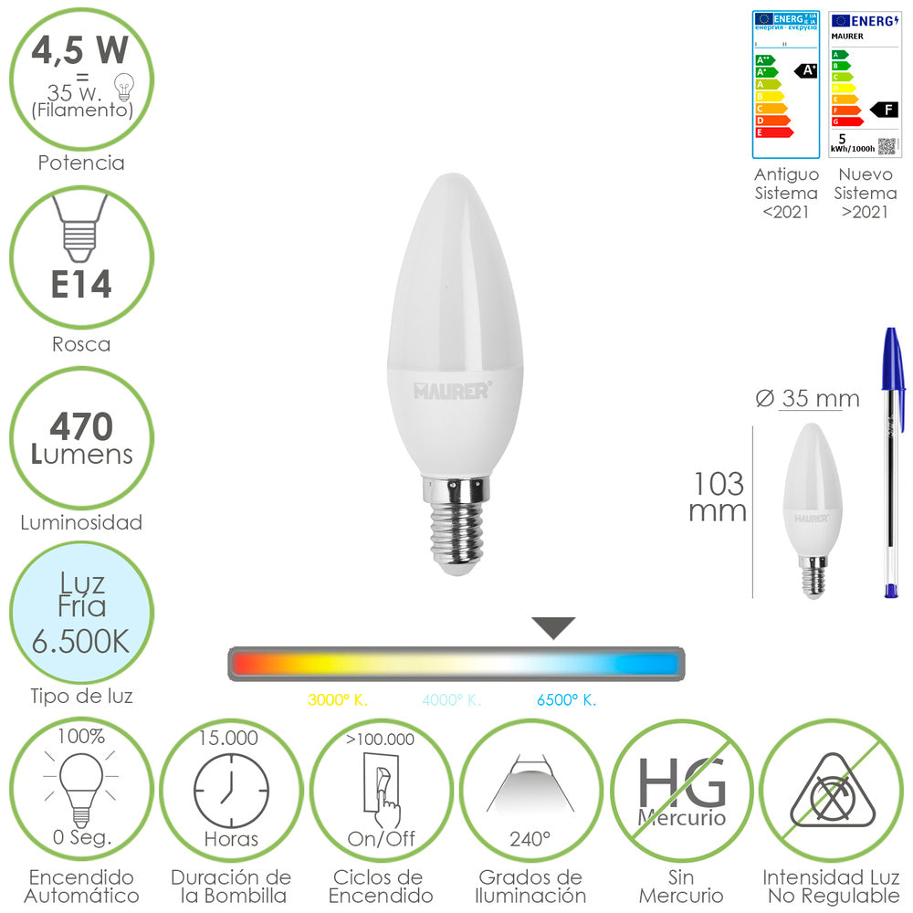 Bombilla led vela rosca e14. 4,5 watt. Equivale a 35 watt. 470 lúmenes. Luz fría (6500º k.)