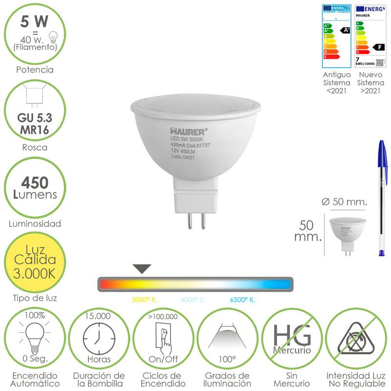 Bombilla Led Dicroica Rosca GU 5.3 / MR16. 5 Watt. Equivale A 40 Watt. 405 Lumenes. Luz Cálida (3000º K.)