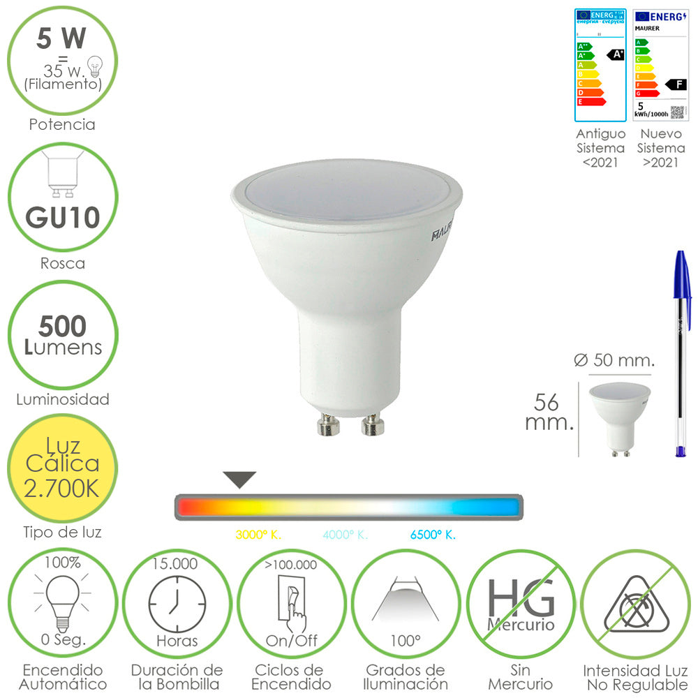 Bombilla led dicroica rosca gu10. 5 watt. Equivale a 30 watt. 500 lumenes. Luz cálida (2700º k)