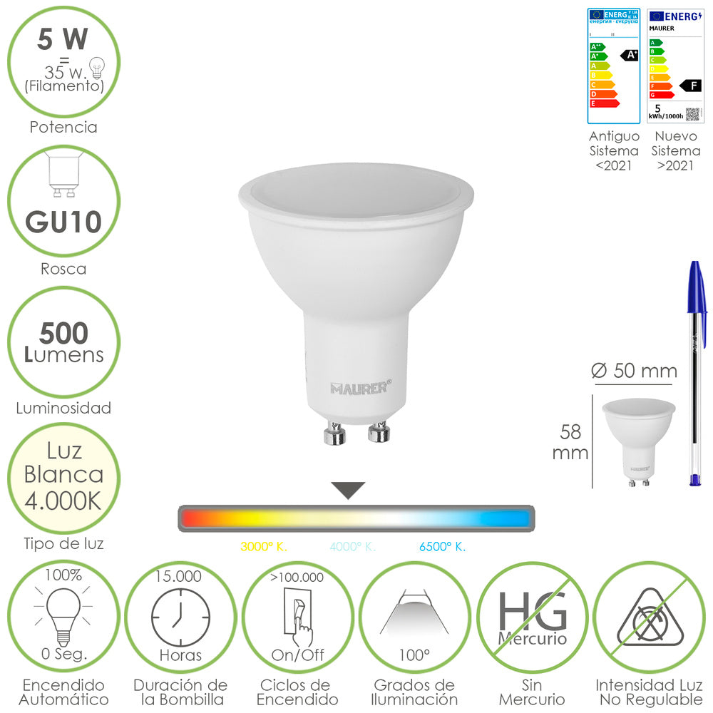 Lâmpada LED dicróica casquilho GU10. 5 watt. Equivalente a 35 watt. 500 lúmens. Luz neutra 4000º K