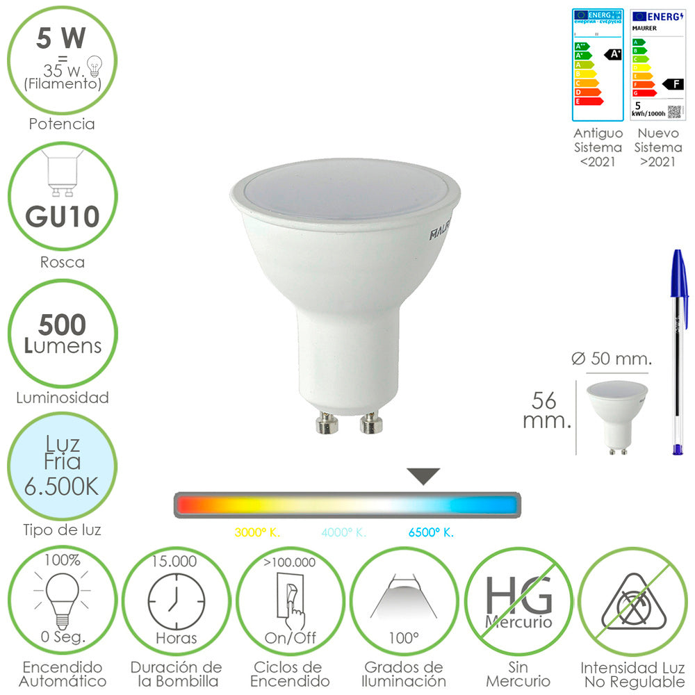 Bombilla led dicroica rosca gu10. 5 watt. Equivale a 30 watt. 500 lumenes. Luz fria (6500º k.)