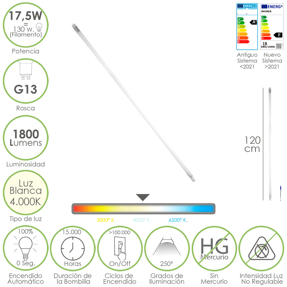Tubo led t8 120 cm17,5 watt. Equivale a 130 watt. 1800 lúmenes. Luz neutra 4000º k.