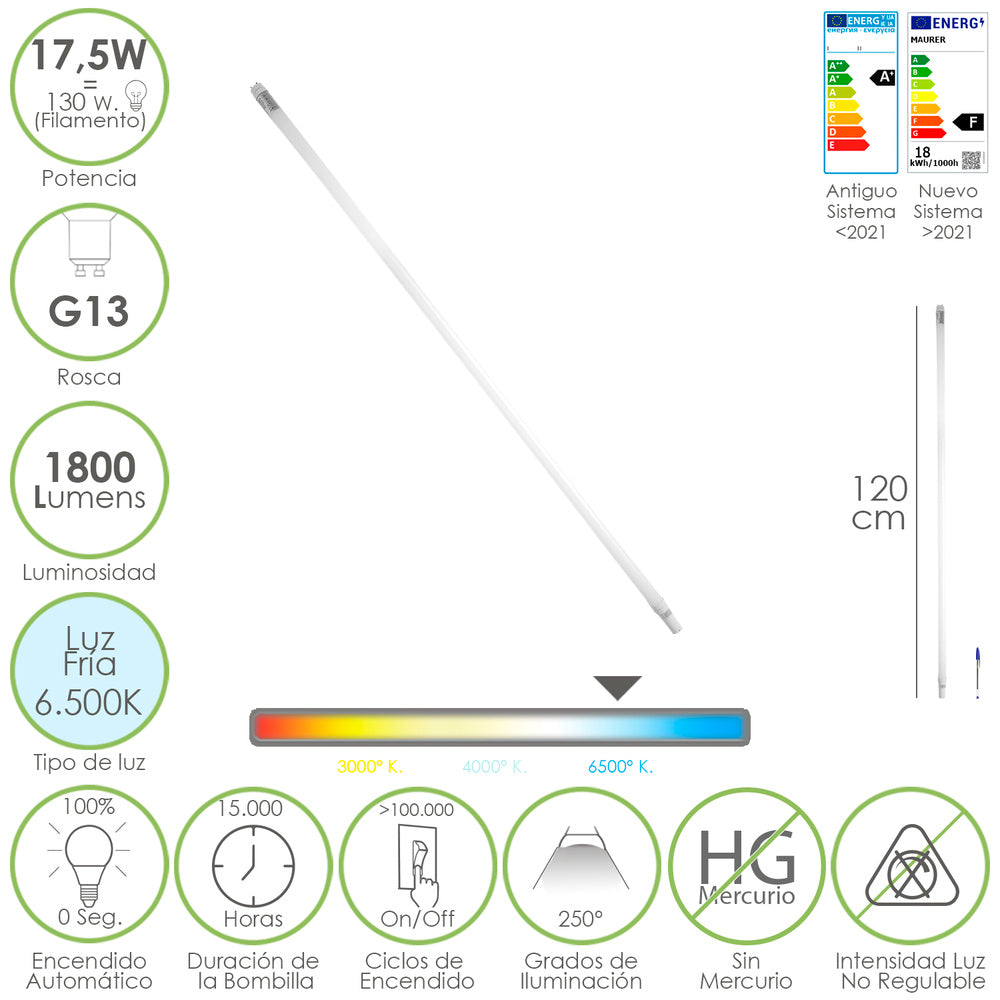 Tubo led t8 120 cm17,5 watt. Equivale a 130 watt. 1800 lúmenes. Luz fría 6500º k.