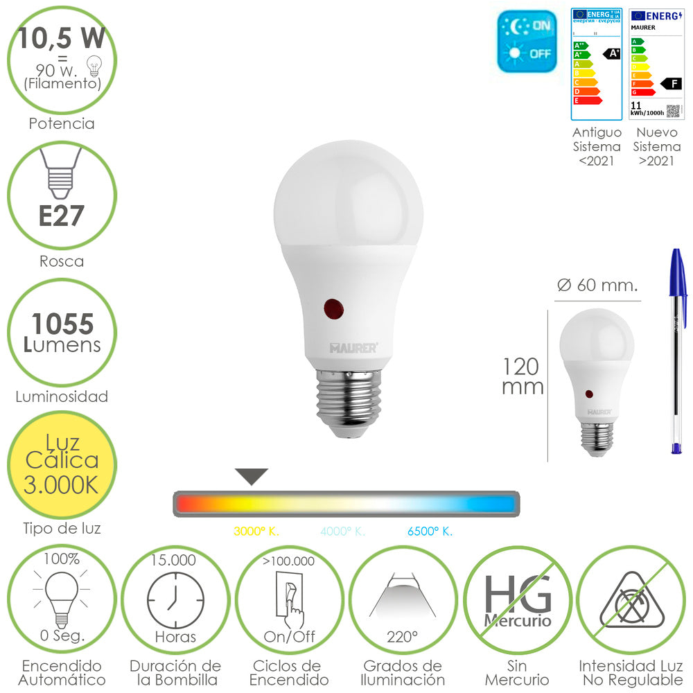 Bombilla led esfera con sensor crepuscular. Rosca e27. 10.5 watt. Equivale a 90 watt. 1055 lumenes. Luz calida 3000º k.