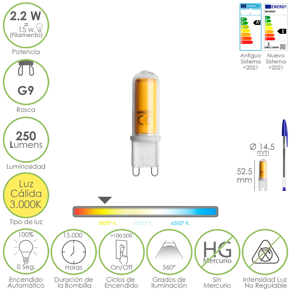 Lâmpada LED de rosca G9. 2.2 watt. Equivalente a 15 watt. 250 lúmens. Luz quente (3000º k.)