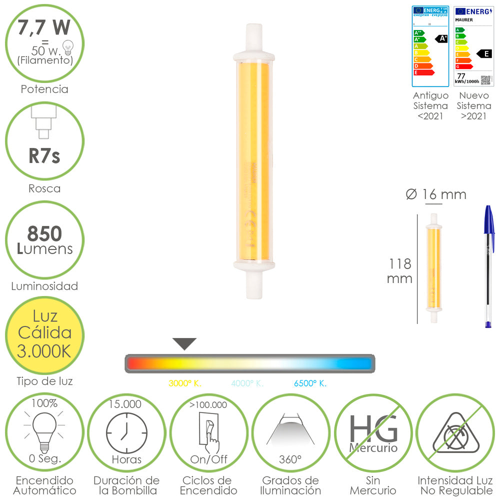 Lâmpada LED para focos de casquilho R7s. 7,7 watt. Equivale a 50 watt. 850 lúmens. Luz quente (3000º k.)