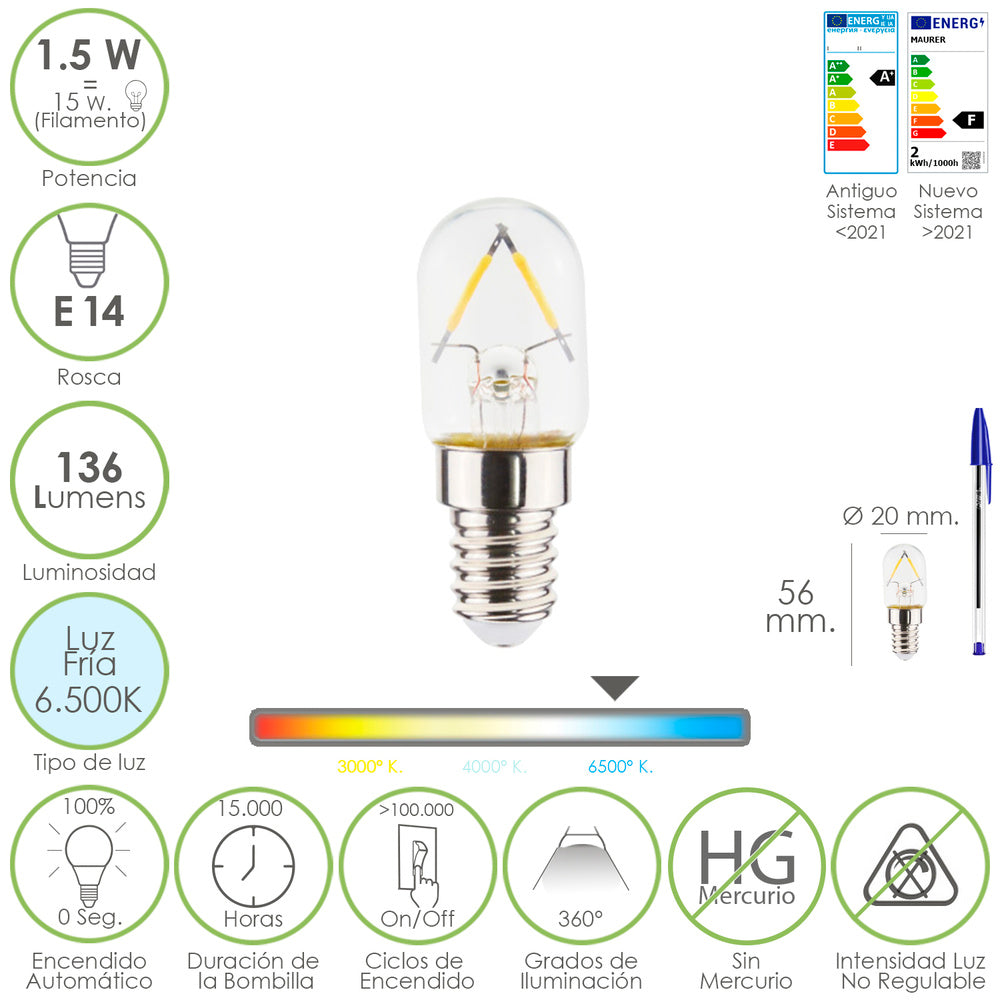 Bombilla led frigorifico rosca e14. 1.5 watt. Equivale a 15 watt. 136 lumenes. Luz fria (6500º k.)