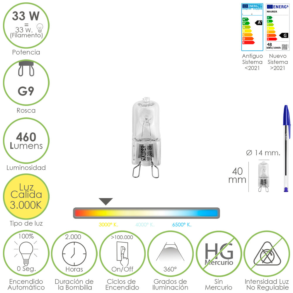 Bombilla halogena g-9 33 w. 460 lumenes. Luz cálida (3.000ºk)