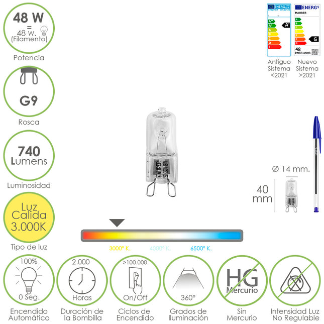 Bombilla Halogena G-9. 48 W. 460 lumenes. Luz cálida (3.000º K)