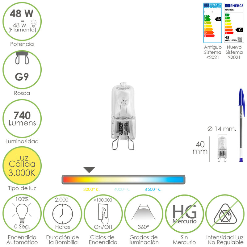 Bombilla Halogena G-9. 48 W. 460 lumenes. Luz cálida (3.000º K)