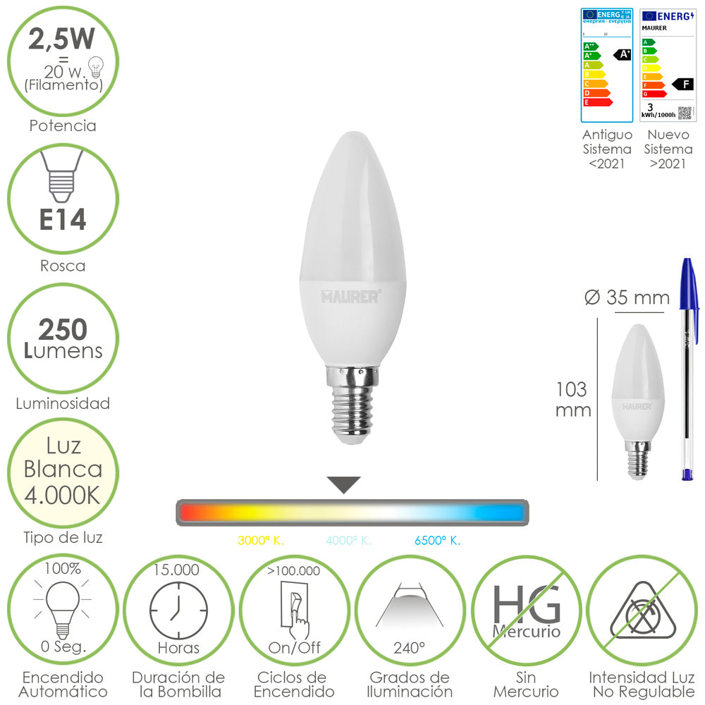 E14 LED Candle Bulb. 2.5 watt. equivalent to 20 watt. 250 lumens. 4,000K neutral light