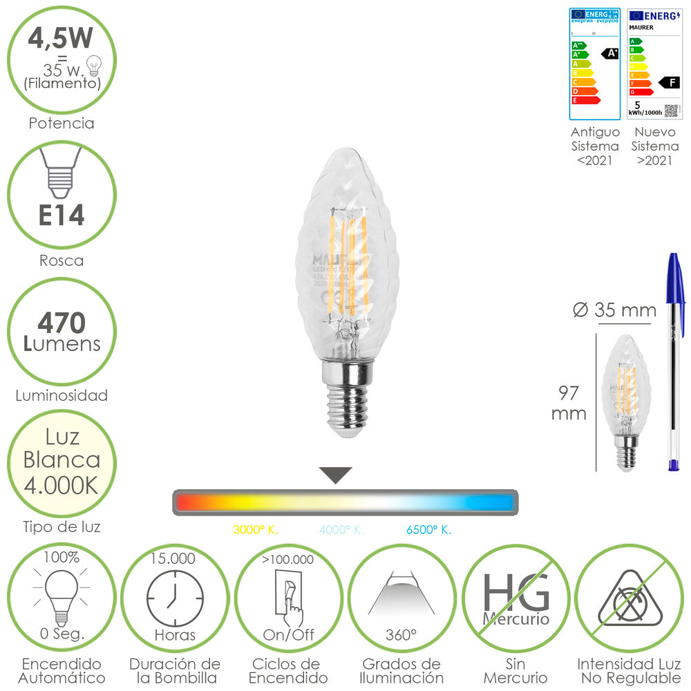 Bombilla led filamento vela twist. E14. 4,5 watt. Equivale a 35 watt. 470 lúmenes. Luz neutra 4000º k.