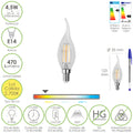 Lâmpada LED filamento vela chama E14. 4,5 watts. Equivalente a 35 watts. 470 lúmens. Luz quente 2700º K.