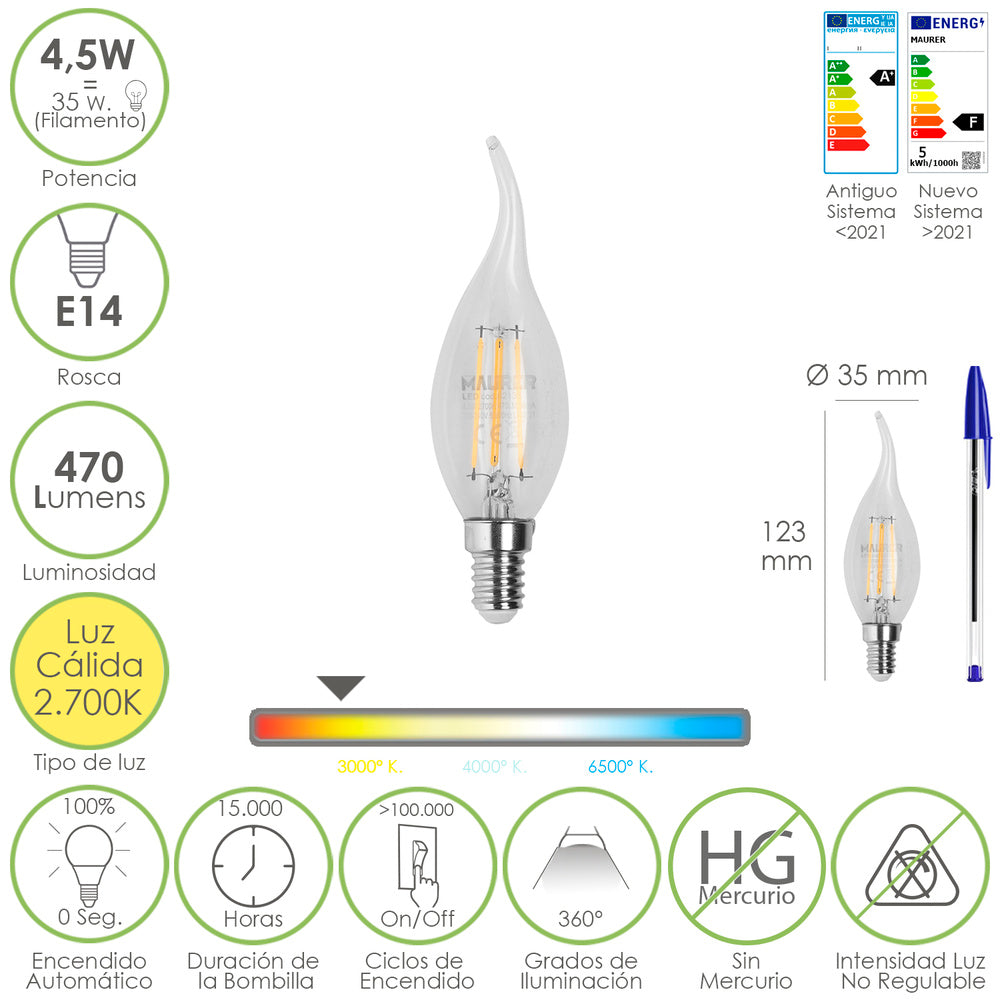 Bombilla led filamento vela llama e14. 4,5 watt. Equivale a 35 watt. 470 lúmenes. Luz cálida 2700º k.