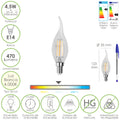 E14 LED filament flame candle bulb. 4.5 watt. Equivalent to 35 watt. 470 lumens. Neutral light 4000K.