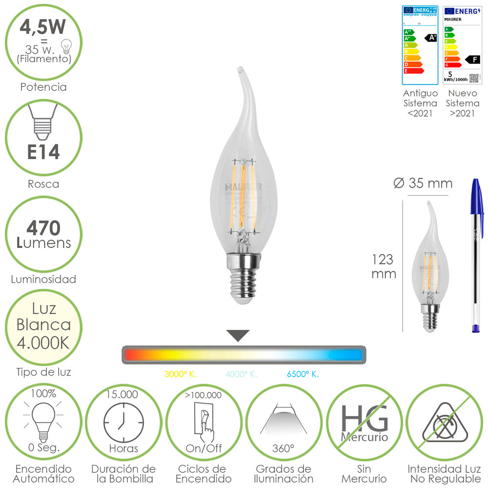 E14 LED filament flame candle bulb. 4.5 watt. Equivalent to 35 watt. 470 lumens. Neutral light 4000K.
