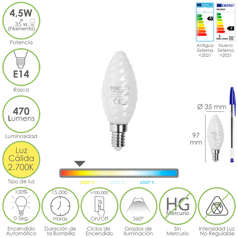 E14 frosted candle filament LED bulb. 4.5 watt. Equivalent to 35 watt. 470 lumens. Warm white 2700º K.
