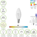 E14 frosted LED filament candle bulb. 4.5 watt. Equivalent to 35 watt. 470 lumens. 4000K neutral white light.