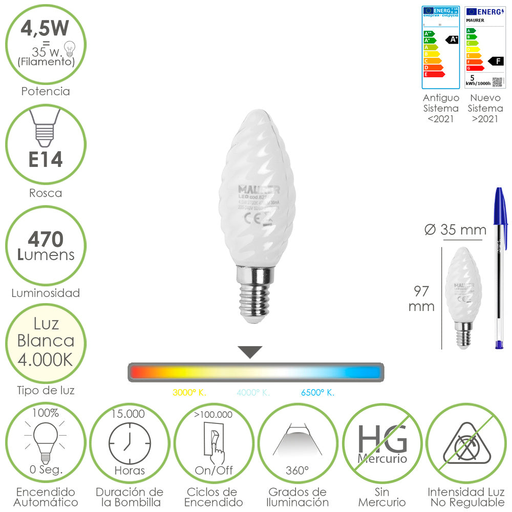 E14 frosted LED filament candle bulb. 4.5 watt. Equivalent to 35 watt. 470 lumens. 4000K neutral white light.