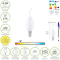 E14 Frosted Candle Flame Filament LED Bulb. 4.5 watt. Equivalent to 35 watt. 470 lumens. Warm white 2700K.
